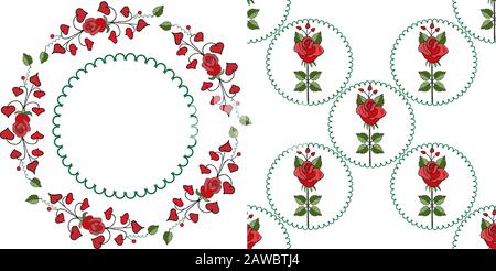 Kranz aus abstrakten Blumenelementen und roten Rosen. Vektor-Set mit Blumenmuster: Rote Rosen in einem runden Rahmen, nahtloses Muster Stock Vektor