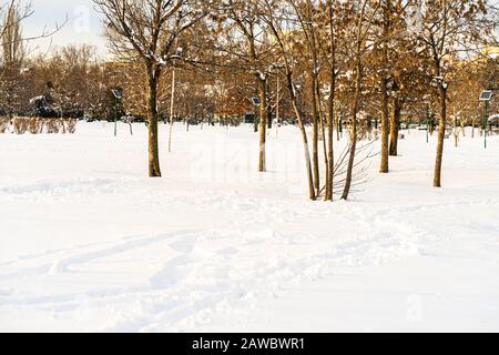 Weg, den die Menschen durch den Schnee im Park machen. Weg in starkem Schnee. Winterkonzept Schneeweg im Abendlicht Stockfoto