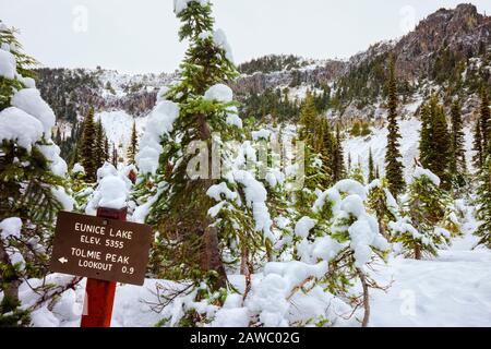 Winter in der Nähe von Mowich und Eunice Lakes in Mt. Rainier National Park. Stockfoto