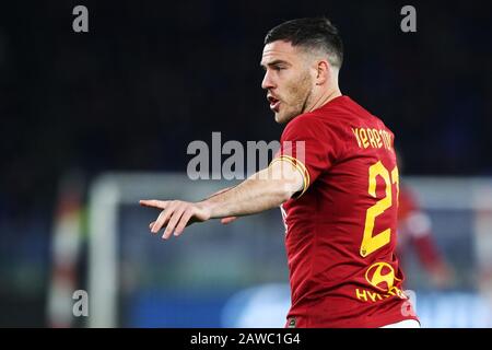 Rom, Italien. Februar 2020. Jordan Veretout von Roma-Gesten während des italienischen Fußballspiels der Serie A zwischen AS Roma und dem FC Bologna am 7. Februar 2020 im Stadio Olimpico in Rom, Italien - Foto Federico Proietti/ESPA-Images Credit: European Sports Photographic Agency/Alamy Live News Stockfoto