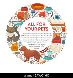 Hunde- und Katzenkost und Pflegeprodukte, Haustiergeschäft oder Tierladen Stock Vektor