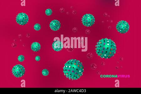 Abstraktes Virusstrain-Modell des Respirationssyndroms Coronavirus und Neuartiges Coronavirus 2019-nCoV mit Text auf dunkelrotem Hintergrund. Virus-Pandemie Stockfoto