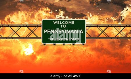 Willkommen bei Pennsylvania USA Interstate Highway Melden Sie sich in einer Atemberaubenden, Trüben, Fotorealistischen 3D-Illustration bei Sonnenuntergang an Stockfoto