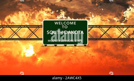 Willkommen bei South Dakota USA Interstate Highway Melden Sie sich in einer Atemberaubenden, Wolkigen, Fotorealistischen 3D-Illustration bei Sonnenuntergang an Stockfoto