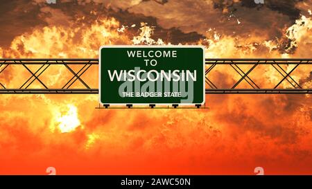 Willkommen bei Wisconsin USA Interstate Highway Melden Sie sich in einer Atemberaubenden, Trüben, Fotorealistischen 3D-Illustration bei Sonnenuntergang an Stockfoto