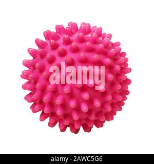 Massage-Ball in roter Farbe isoliert auf weißem Hintergrund. Spielzeug mit Stachelschwanz Stockfoto