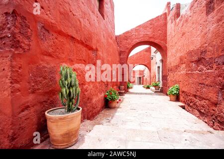 Bögen auf den Straßen im Kloster Santa Catalina, Arequipa, Peru, Kakteen und Geranien in Töpfen. Stockfoto