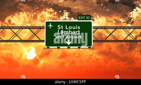 Fahren Sie unter dem Saint Louis Lambert USA Airport Highway. Melden Sie sich in einer Schönen, Trübvollen 3D-Illustration bei Sonnenuntergang an Stockfoto