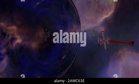 3D-Illustration eines außerirdischen Raumschiffes Zeitreisen durch ein Wurmloch, für futuristische interstellare Reisen, alte außerirdische Technologie Stockfoto