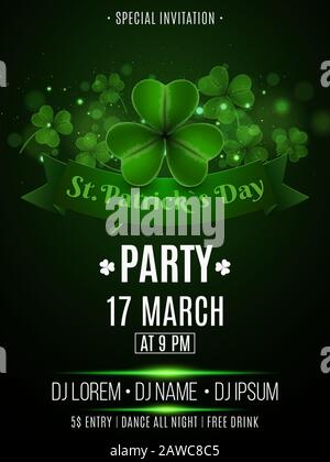 Party-Flyer von Saint Patrick. Klümpchen mit abstrakten Lichtern bokeh. Bannerband mit Text. DJ- und Club-Name. Poster zur Einladung zum Club. Grüner Glitter. Stock Vektor