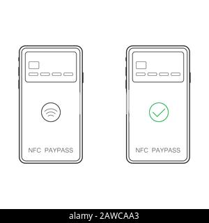 Flat-Vector-Abbildung der Zahlungsübertragung. Drahtloses Senden und Empfangen von Geld mit Mobiltelefonen. Smartphone mit Online-Banking-Zahlungsanwendung. Mobile Brieftasche, Kreditkarte, Transaktionsvektor eps 10 Stock Vektor