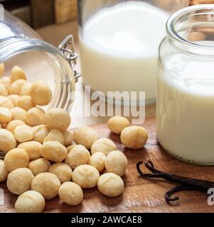 Macadamia-Milch, keine Milch, Ersatzmilch auf einem Holztisch. Nüsse und Glas mit Milch, laktosefreier Milchersatz für Veganer Stockfoto