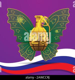 23. Februar Granat Gold Schmetterling Flügel russische Flagge auf einem isolierten Hintergrund. Vektorbild Stock Vektor