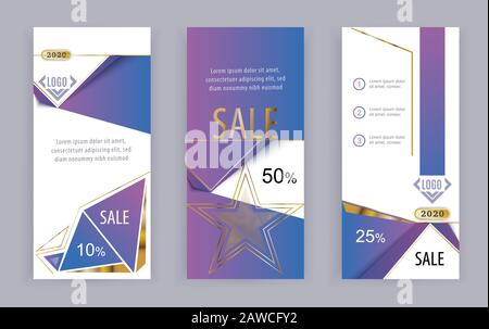 Business-Banner. Vertikaler Vorlagenvektor abstraktes Dreieck violetter Hintergrund mit Goldschrar. Stock Vektor