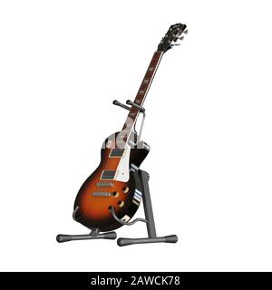 E-Gitarre auf einem Stand auf weißem Hintergrund. Isolieren. 3D-Rendering mit hervorragender Qualität in hoher Auflösung. Er kann vergrößert und als Rücken verwendet werden Stockfoto