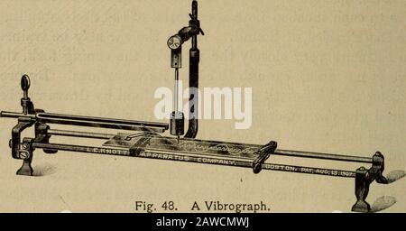Laborübungen, die Carhart und Chute die Ersten Prinzipien der Physik begleiten sollen. Es können Abzüge der Stimmgabel in dieser Zeit gezählt werden. Experimentell: Die beste Art, das Glas zuzubereiten, ist es, es mit einem Mantel von Bon Ami oder mit Peitsche und Alkohol zu überreiben und zu trocknen. Das Gerät muss dann sorgfältig inspiziert und so eingestellt werden, dass die Tastpunkte der Gabelzinke und des Pendels nahezu die gleiche Linie wie möglich über die Platte fegen, ohne sich gegenseitig zu stören. Die Taststellen müssen stark genug auf der Stirnfläche aufliegen, um die Beschichtung wegzukratzen, jedoch mit Pres Stockfoto