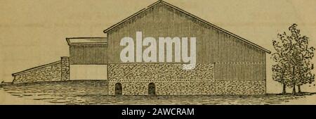Das Illustrierte Jahresregister für ländliche Angelegenheiten und Kultivator Almanach für das Jahr .. . der Lagerraum des Ional ist erwünscht, die 20-Fuß-Heuhäuser werden durch einen 5-Fuß-Zugang an der Außenseite geteilt, und die Stände öffnen sich zum Hof, wie C; oder das Untergeschoß könnte zum Hof hin geöffnet sein, als zusätzlicher Schutz für Vorräte und Gülle. Abb. 105 gibt die Höhe des westlichen Endes der Hauptscheune, 40 Fuß;20-die ehemalige mit den großen Türen, 16 Fuß, und Brückenmauer; Höhe zum Platz, 30 Fuß zum zweiten Stock, 8 Fuß; dies deckt einen Getreidespeicher ab, der sich durch die Mitte erstreckt, 14 Fuß breit, Stockfoto