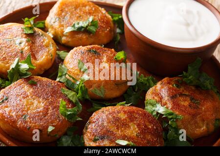 Schmackhaftes Aloo Tikki ist ein beliebtes indisches Straßenessen, das im Grunde knusprig und würzig Kartoffelpatt mit Joghurt in der Nähe auf einem Teller auf dem Tisch ist. Horizo Stockfoto