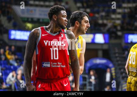 Auf Spanien. Februar 2020. Matur marial Maker (rio Grande Valley Vipers) und Giorgi Shermadini (iberostar tenera) während Iberostar Teneras vs Rio Grande Valley Vipers, FIBA Intercontinental Cup in Tenera, Italien, 7. Februar 2020 Kredit: Unabhängige Fotoagentur/Alamy Live News Stockfoto