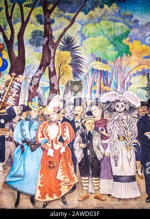 Details zu Diego Riveras Wandbild "Nachmittag in Alameda" in Mexiko-Stadt, Mexiko. Stockfoto