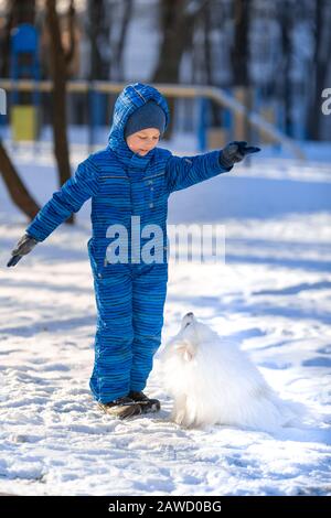 Kleiner Junge trainiert im Winter einen Spitzhund im Park Stockfoto