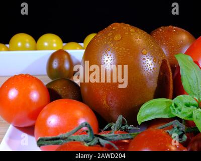 Varianten von Tomaten und roher Bete, mit frischen Wassertropfen bedeckt, vor dunklem Hintergrund Stockfoto