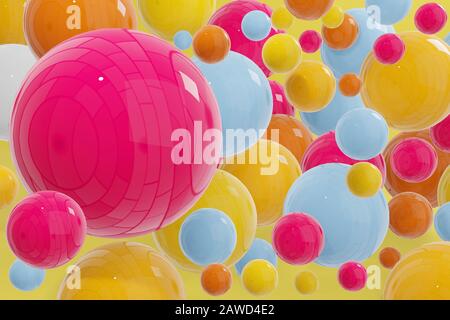 Viele bunte, glänzende Süßigkeiten-Bälle, Karnevalsstil des Urlaubs, abstraktes fotorealistisches 3D-Rendering im Hintergrund. Stockfoto