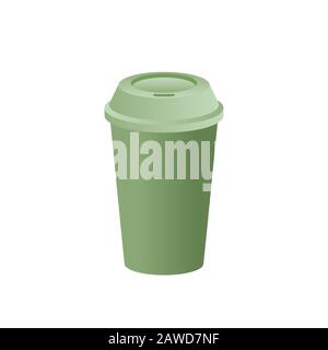 Grüner Papierbecher mit Deckelaufzug. Realistischer Einweg-Tee oder grüne Kaffeetasse auf weißem Hintergrund. Leeres Mockup für Logo. Leerer Kunststoffbecher. Vektor. Stock Vektor