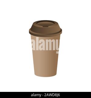 Brauner Papierbecher mit braunem Deckeleinschlagdeckel. Realistische Einweg-Kaffeetasse auf weißem Hintergrund. Leeres Mockup für das Cafe-Logo. Leerer Kunststoffbecher. Vektor Stock Vektor