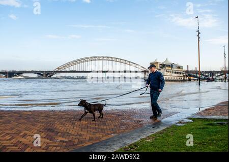 Nijmegen, Gelderland, Niederlande. Februar 2020. Ein Mann, der mit seinem Hund näher an die Hochwasserzone spazieren geht.Überschwemmungsgebiete am Rheinufer und andere größere Flüsse werden voraussichtlich später am Wochenende unter Wasser sein. Nijmegen ist eine der niederländischen Städte, die jetzt von diesem hohen Wasserstand betroffen sind. Die Waalkade, die Zone näher am Fluss, wurde für den Verkehr gesperrt und es wird erwartet, dass das Wasser eine Höhe von mehr als 11 Metern über dem Meeresspiegel erreichen kann. Das Rheinwasser bei Lobith, wo der Fluss in die Niederlande übergeht, soll rund 14 Meter erreichen Stockfoto