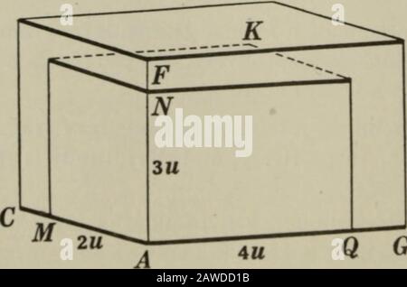 Ebene und Volumenkörpergeometrie . Abb. 1. Rechteckig, Parallelte AD = 60 U. 770. Def. Das Ergebnis der Messung ist eine Zahl, die als Messzahl oder numerisches Maß oder Volumen des Volumens des Volumenkörpers bezeichnet wird. 771. Wenn also der Aggregatwürfel U im Rechteck  DK enthalten ist. Q G @ Abb. 2. Rechteckig, Parallelte AD = 24 27+. Buch VII 359 Parallelepiped AD (Abb. 1) 60-mal, dann beträgt das Maßzahl-Orvolumen der rechteckigen Parallapiped AD, gemessen an U, 60. Wenn der angegebene Einheitwürfel nicht in der angegebenen rektangu-laren Parallapipierung enthalten ist, wurde eine integrale Anzahl von Zeiten ohne einen Re-Mainder parallazipiert (Abb. Stockfoto