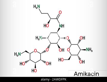 Amikacin, C22H43N5O13-Molekül. Es ist ein Aminoglykosid-Antibiotikum, es übt Aktivität gegen resistentere gramnegative Bakterien aus. Skelettchemikalien f Stockfoto