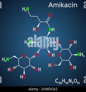 Amikacin, C22H43N5O13-Molekül. Es ist ein Aminoglykosid-Antibiotikum, es übt Aktivität gegen resistentere gramnegative Bakterien aus. Strukturchemikalien Stock Vektor