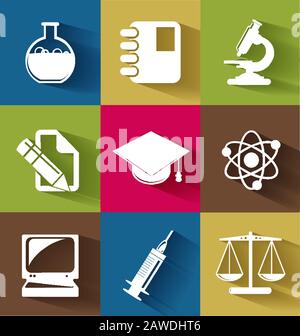 Reihe von Wissenschaft und Bildung flacher Icons für kreativen Bedürfnisse Stock Vektor