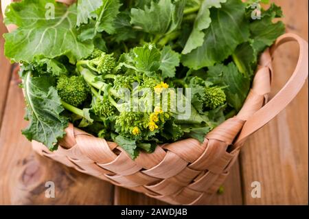Rohbio Turnip Greens auf braunem Holzhintergrund . Korb mit frischem grünen Gemüse . Italienische Küche. Stockfoto