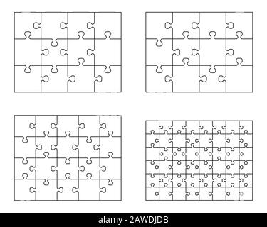 Abbildung von vier verschiedenen weißen Puzzles, separate Teile Stockfoto