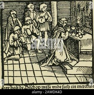 Das Wunderblut zu Wilsnack: Niederdeutscher Einblattdruck mit 15 Holzschnitten aus der Zeit von 1510-1520 . rp 6em&lt;ilt"rentiti^blobg bevlott/yn t)Oltni^- gtwm£ubm Mithbm^^ch fcrtyrt" ^(c^opgggcritcrcritt^ Qcritcrritcrrittt. Stockfoto