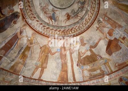 Deckengemälde im thrakischen Grab von Kazanlak, Kopie, Unesco-Weltkulturerbe, Provinz Stara Zagora, Bulgarien Stockfoto