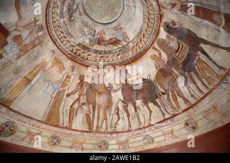 Deckengemälde im thrakischen Grab von Kazanlak, Kopie, Unesco-Weltkulturerbe, Provinz Stara Zagora, Bulgarien Stockfoto