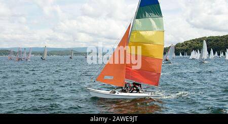 Kinder segeln in kleinen bunten Booten und Beibooten zum Spaß und im Wettbewerb. Teamarbeit von jungen Matrosen, die auf dem Salzwassersee einen Katamaran fahren Stockfoto