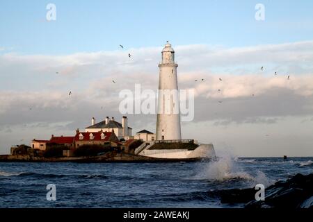 Whitley Bay, Northumberland, Großbritannien, 8. Februar 2020, Storm Ciara beginnt mit abgehackten Nordseewasser am Saint Mary's Lighthouse, Credit David Whinham/Alamy Live News Stockfoto