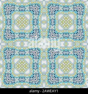 Nahtlose Retro-geometrische Vintage-Keramikfliesen Wanddekoration digital in klassischem Blau und Senf erzeugt Stockfoto
