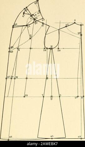 Merz's praktisches Schneidesystem für Damenjacken und -Umhänge .. . i Zoll bei 57 und 56 ist ein Pflichtfeld für die Oberfläche auf dem Mantel. Der erforderliche J/inch von 54 bis 55 wird durch den Entwurf selbst gewährt. Für Damenjacken und -Umhänge. 57. Diagramm XXIII. 58 Merzs Praktisches Schneidesystem XXTV. INVERNESS-I, OOSE VORNE, DREIVIERTEL. ENGER RÜCKEN, UMLEGEKRAGEN VORNE GESCHLOSSEN. Für die hinteren Teile sind die Taille- und Hüftbereiche wie in Diagramm XXII und für die mittlere vordere Hne in den Diagrammen XVIII und XXIII beschrieben gerapft. Die Schulternähte als e übertragen Stockfoto