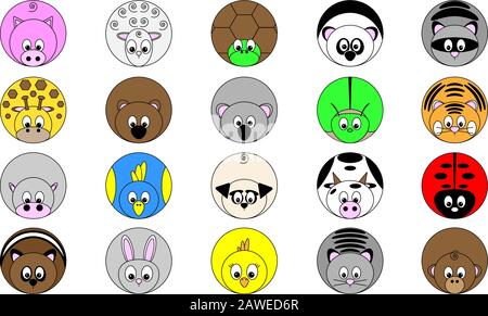 Sammlung von zwanzig niedlichen, witzigen, runden Vektor-illustrierten Schaltflächen mit Tieraufklebern in hellen Farben Stock Vektor