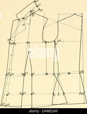 Merz's praktisches Schneidesystem für Damenjacken und -Umhänge .. . Zoll, und zeichnen Sie die Linie von 49, 48 bis 47. Um den Umlegekragen und die Reverskragen zu ziehen, zeichnen Sie die Faltenlinie von D nach 51, wo die Drehung erforderlich ist. Zeichnen Sie die Form der umgestrichelten Reverskragen von D nach E und den Kragen eff^ect, falten Sie das Papier von D nach 51 darunter, und zeichnen Sie die Arten der Lapelsandkragen durch. Wenn das Papier ausgeklappt ist, haben Sie die Vorderkante des Teils abgeschlossen und die Vorderseite des Formats. UM DEN KRAGEN ZU ENTKRAGEN. Von 22i bis 50 ist Vui mit voller Halsbreite. Zeichnen Sie die Linie von 51 bis 50 bis 52 mit einer kleinen Kurve; Stockfoto