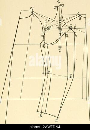Merz's praktisches Schneidesystem für Damenjacken und -Umhänge .. E cen-ter Punkt, 62, zu diesem Entwurf ist von 60 bis 63 statt 60 und 61. Zeichnen Sie eine senkrechte Linie von 62 bis 64 und bis zu 65. Pivotat Mittelpunkt, 64, und zeichnen Sie eine kreisförmige Linie von 60 bis 63 bis 67, und setzen Sie den Ärmelzug wie in DiagramXII fort. Nur die Überarmhülse dieses Zuges ist die Breite von Vio kleiner; kurven Sie dazu die Linie von 67 über den Ellbogen nach außen an der Führungslinie. Legen Sie ein Stück Papier darunter, und zeichnen Sie die Linesvon d bis 33, bis 4, bis 35 und bis d ab. Schneiden Sie es aus, und legen Sie die Leitung zur sl Stockfoto