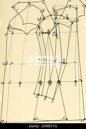 Merz's praktisches Schneidesystem für Damenjacken und -Umhänge .. . nd verlängern Sie thisy&gt; Zoll an der Unterseite, 46. Auf H drehen und von der Mittellinie auf 45 und 47 schwenken. Zeichnen Sie die Bijtloiu-Linien von 44 bis 45 und von 47 bis 46. Das gesamte Muster auf einem anderen Stück Papier nachzeichnen und mit den Gabelköpfen die Muffe ausziehen. Es ist vorzuziehen, dass die Windlaufhülse auf demselben Entwurf mit einer anderen farbigen Kreide liegt.Zeichnen Sie die Linie 27 bis 16 gerade bis 56 und von 27 bis 61 mit der Brustlinie und setzen Sie die gesamte Schneefräse wie in Diagramm XI angegeben fort Nehmen Sie die hintere Gabel und ])geschnürt Stockfoto
