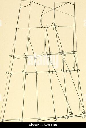 Merz's praktisches Schneidesystem für Damenjacken und -Umhänge .. . 48, dieselbe Richtung von 4 bis 49 und von 3 bis 47. Die Linien von K bis S, von K bis 3, von froiu 11bis 5 und von H bis 4, wie dargestellt, verstellen. Für die halbsitzende Vorderseite ist von 10 bis M und 11 bis V -J^Zoll; von M bis N &gt;^ Taille; von N bis Q ^ des vorderen Überschusses. Von V bis W ist ^/i Zoll mehr als von Mto N. Von W bis Z ist die Variation von Hüft- und Taillenüberschuss, die 3^ Zoll mehr ist als von N bis O. Zeichnen Sie giiide Linien von O bis Z bis 50, von N throughW bis 51, Und von M bis V bis 46. Drehen Sie am Punkt von Co Stockfoto