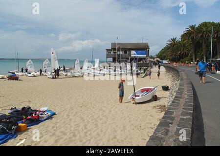 Unter 18-jährige Konkurrenten am Strand und im Wasser bei der Jinghy Segeln Junior Sail Auckland Regatta 2020, Kohimarama Yacht Club, Auckland, NZ Stockfoto