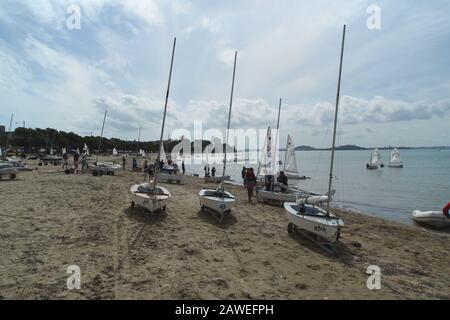 Unter 18-jährige Konkurrenten am Strand und im Wasser bei der Jinghy Segeln Junior Sail Auckland Regatta 2020, Kohimarama Yacht Club, Auckland, NZ Stockfoto